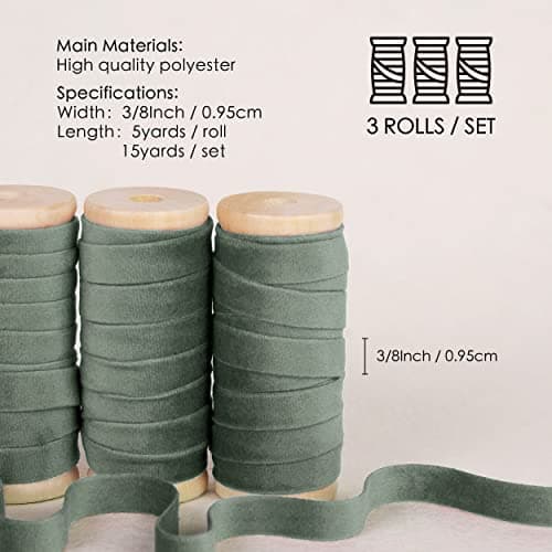 Vitalizart Ruban Velours Vert Poussière 0,95 cm x 4,57 m x 3 Rouleaux, Bobine en Bois, Ruban en Tissu pour la Décoration de Couronnes de Noël, l'Artisanat, les Ornements, l'Emballage de Cadeaux