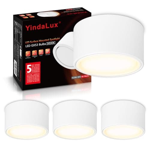 YindaLux Lot de 4 LED Spot en Saillie Blanc 220-240V Ø95x55mm Plafonnier Incluse ampoule GX53 6W Blanc chaud 3000K 660LM Plafonnier Spot LED Luminaire Apparent avec spot à grande surface lumineuse