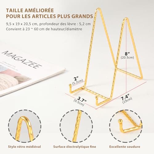 Chevalet Support Presentoir Porte Assiette - Or Metal Support Assiette Decorative - Support Cadre Photo de Table - Présentoir de Fer pour Plaque | Livre Cuisine | Carte Postale | CD | Art - 20,5 cm