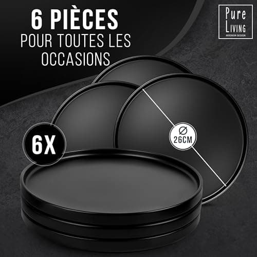 Ensemble de 6 Assiettes Plates Noires Mattes Manhattan -Teller en Grès Premium, Adaptés au Lave-vaisselle et au Micro-ondes- Élégantes Assiettes Noires pour 6 Personnes - Pure Living Urban Black