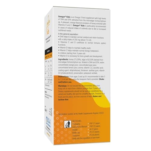 OMEGOR® Kids avec oméga-3 végétal DHA pour enfants 250 mg de DHA et 125 mg d'EPA à partir d'huile d'algue | Miel et jus de fruits | Avec de la vitamine D3 | Bouteille de 150 ml avec cuillère.