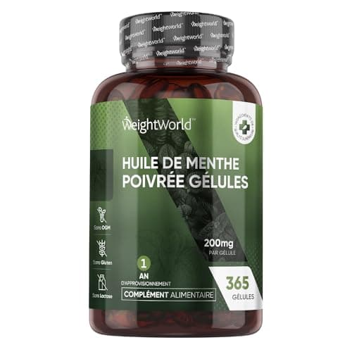 Huile De Menthe Poivrée 200mg 365 Gélules - Forte Absorption & Douce Pour l'Estomac - Gélules Multi Usages À Action Rapide Huile Essentielle de Menthe Poivrée, Pure & Naturelle - Confort & Bien-Être