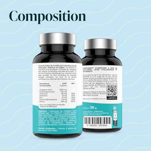 NOVOMA Collagène Marin + Acide Hyaluronique, 1000 mg de Collagene Pur Hydrolysé Type 1 & 3, Avec Vitamine C, Zinc et Biotine, Beauté de la Peau, Cheveux et Ongles, 90 gélules