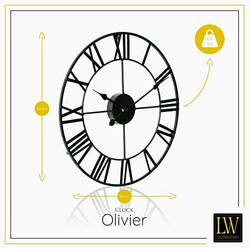 LW Collection Horloge Murale Olivier Noir 40 cm - Grande Horloge Murale avec Chiffres Romains - Horloge Murale Industrielle Silencieuse Moderne - Horloge Silencieuse