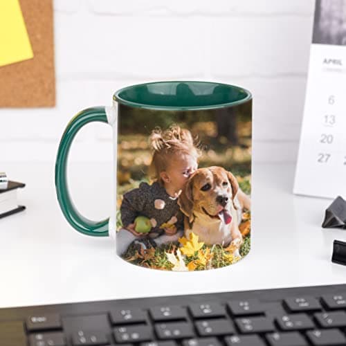 Wanapix | Tasse Personnalisée avec Photo et Texte | Tasse à Café Personnalisable | Céramique Mug | Cadeau Original | Va au micro-ondes | 325ml | Intérieur et Poignée Vert