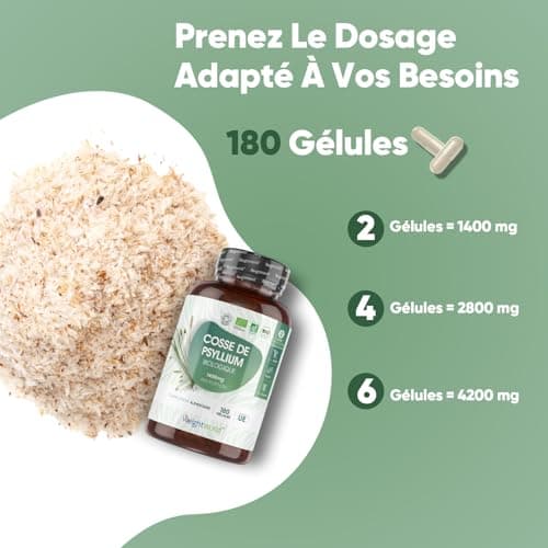 Psyllium Blond Bio 180 Gélules (3 Mois) - Téguments purs à 99%, Transit & Digestion - Source de Fibres prébiotiques - 1400mg de Psyllium Husk - Alternative au Psyllium en poudre - Fabriqué en UE
