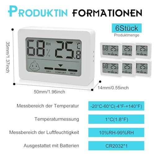 Lot de 6 mini thermomètres hygromètres d'intérieur numériques - Thermomètre d'intérieur avec indicateur smiley - Thermomètre d'intérieur pour chambre de bébé, salon, chambre, bureau - Blanc