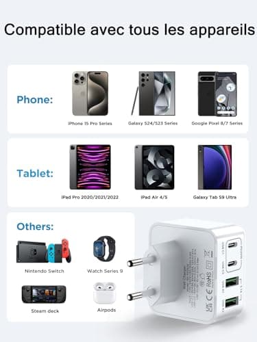 Chargeur USB C, 40W 4 Port Prise USBC Chargeur Rapide Multi Secteur Double Port PD+QC Type C Adaptateur pour Phone 16 15 14 13 12 11 Pro Max X XS XR 8 7 6S Plus Mini SE, iPad, Samsung Galaxy