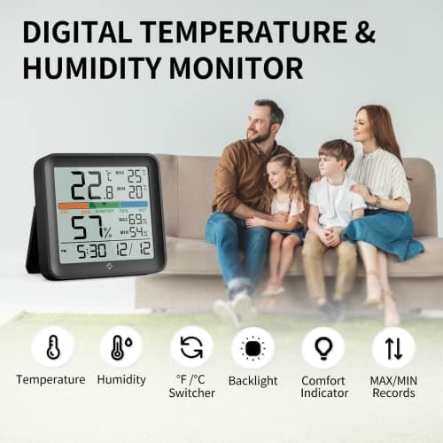 NOKLEAD thermometre interieur hygrometre-thermomètre digital maison avec Grand rétroéclairage tactile, Max/Min Horloge de Confort d'Air Moniteur humidimetre pour Serre Chambre de Bébé Chambre,Noir