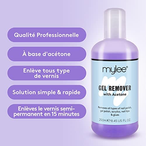 Mylee Prép et nettoyant + Dissolvant qualité salon, Manucure et pédicure avec systèmes UV LED, Dissolvant professionnel à l’acétone pour tout type d’ongles, Double usage pour nettoyer l’ongle et enlever la couche adhésive 2x250ml