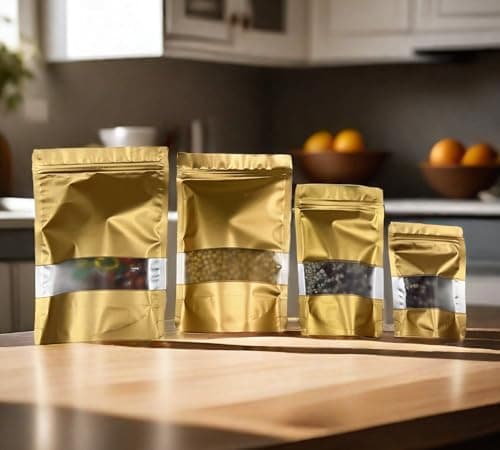 Rimiko 100 Pcs Sachets Alimentaires Debout avec Fenêtre Transparente, Sachet Zip Refermable Aluminium Stand up, Sac Pochette Mylar pour Conservation des Aliments (Doré,10x15 cm)
