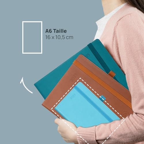 POPRUN Agenda de poche 2025 Journalier 16 x 10,5 cm - Couverture Souple en PU Cuir, 1 Page par Jour A6 petite Agenda, D'Jan 2025 à Déc 2025, Signet à 2 rubans, Papier 70 g/m2, Bourgogne-BY