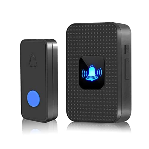 Nestling Sonnette sans Fil, Mini Sonnette de Porte IP55 Exterieur Étanche Kit de Carillon Electronique Portée 300M, 55 Mélodies au 5 Niveaux Volumes, LED Bleu pour Maison Bureau Hôtel Urgence, Noir