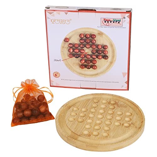 Jeu de solitaire en bois TOWO - Jouet de puzzle de-Jeu de société classique de jeu d'esprit à billes- Plateau rond de 19.5 cm (7,7") avec des billes en bois - Jeu de réflexion à un joueur - Casse-tête