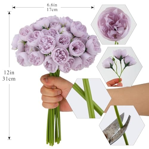 Hobyhoon Lot de 2 Bouquets de pivoines artificielles de renoncules en Soie avec tiges, 54 corolles décoratives pour centres de Table, Arrangements de Mariage, fête prénuptiale (Violet)