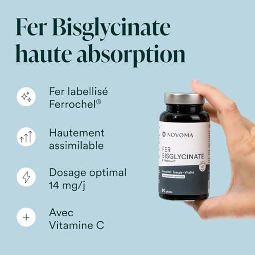 NOVOMA Fer Bisglycinate 14 mg + Vitamine C, Haute Absorption, Immunité & Anti-fatigue, Cure de 3 mois, Complément Alimentaire Fer breveté Ferrochel®, 90 Gélules Vegan, Fabriqué en France