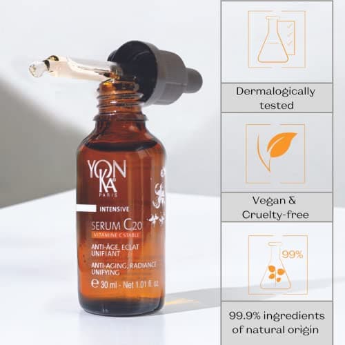 Serum C20 Vitamine C Yonka 30ml - Texture Huile - Anti-Âge, Éclat et Unifiant Illumine et Réduit les Tâches - 20% de Vitamine C Stable - 99,9% d'Ingrédients d'Origine Naturelle
