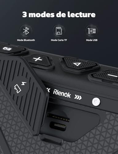 RIENOK S11 Enceinte Portable Bluetooth aux Basses Renforcées, 3 Modes d'Égaliseur, Mode USB, Bluetooth 5.3, 30W Enceinte Puissante, IPX7, TF Carte, Soirées Plage, Randonnées, Voyage, Noir