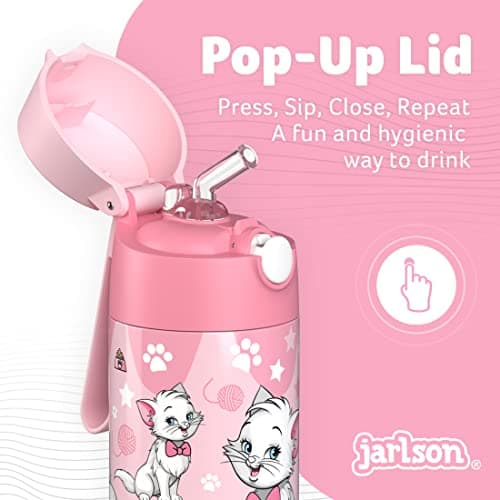 Jarlson - Gourde Enfant INOX - Bouteille Isotherme Enfant 350 ML - Gourdes sans BPA - avec de la Paille - pour l'école, Les Sports et la Maternelle (Chat 2, 350 ML)