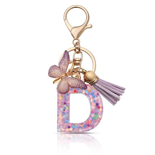 CHUQING Porte-clés pour fille - Pendentif en forme de papillon - Avec initiales - Cadeau pour femme, Lilas D, S
