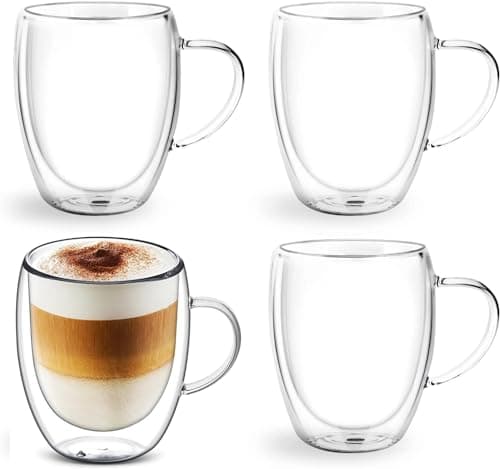 Buumin Lot de 4 Tasses en Verre à Cappuccino, 350ml Verres Double Paroi, Tasses à Café en Verre Isolées avec Poignée, Verres Transparent pour Latte, Thé, Jus, Lait, Boissons Chaudes Froides(4x350ml)