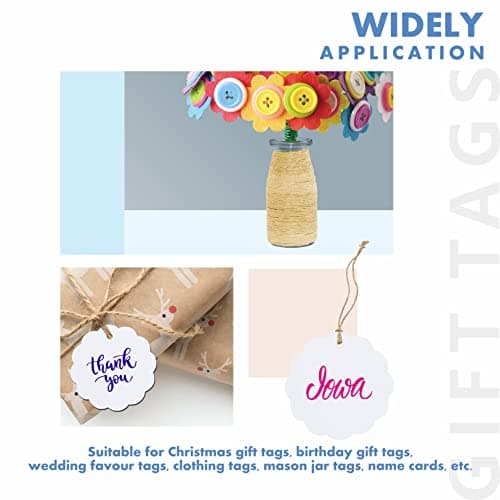 200 étiquettes-cadeaux Kraft Blanc festonnée avec 30 mètres de ficelle de jute naturelle pour l’emballage d’artisanat (6 cm de diamètre)