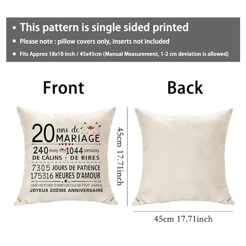 20 Ans Anniversaire Housses de Coussin Original Cadeau pour 20 Ans De Mariage Femme Homme Couples 20ème Mariage pour Mari Femme Saint-Valentin 20ème Souvenir Cadeaux Commémorative (20ans)