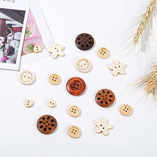 PH PandaHall 120pcs 6 Styles Boutons en Bois, Bouton Fait Main à Coudre Fleur/Rond/Coeur pour les Fournitures d'artisanat