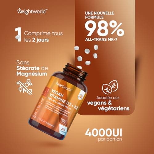 Vitamine D3 K2 MK-7 98% ALL-TRANS Vegan - 240 Micro Comprimés - 1 Comprimé / 2 Jours - Pour Os, Muscles & Système Immunitaire, Vitamine D3 4000 iu + Vitamine K2 MK7, Cholécalciférol + Ménaquinone