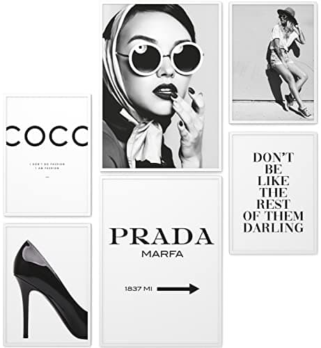 Papierschmiede® Set Mood Posters, Tableau Décoration Murale « Coco Noir et Blanc » cadres en bois laqué blanc, Bureau, Salon, Deco Chambre Parentale, Cuisine, 2x A4 et 4x A5, Glamour Lifestyle Mode