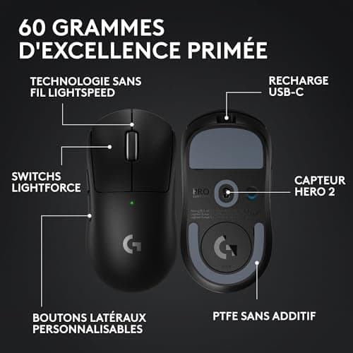 Logitech G PRO X SUPERLIGHT 2, souris gaming sans fil, souris Pro-Grade 60 g avec 5 boutons programmables, capteur 44 000 DPI, taux de rapport 8 kHz, recharge USB-C pour PC/Mac- Noir