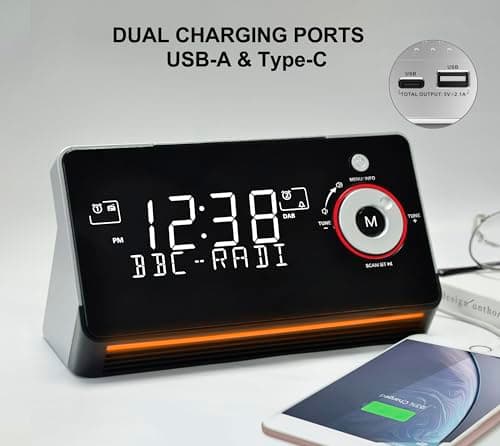 Réveil de Chevet avec Radio Dab et FM, Double Alarme, Snooze, écran LCD dimmable, veilleuse, Bluetooth, Type C et Port de Charge USB iTOMA 729