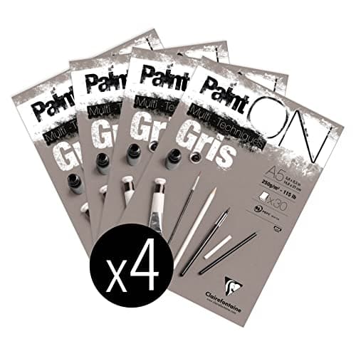 Clairefontaine 975808Cpack - Bloc Collé PaintON Multi-techniques - 30 Feuilles Papier Dessin Multi-techniques au Grain Légèrement Rugueux - Gris - A5 14,8x21 cm 250g - Paquet de 4 Blocs