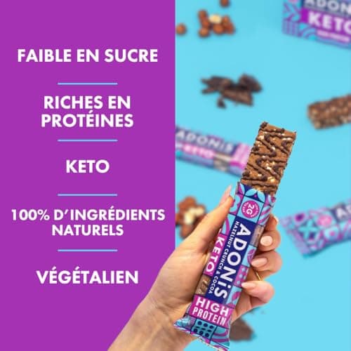 Barres Adonis Keto Riches en Protéines aux Noisettes Croquantes et Chocolat (16 Barres de 45g) | Végétalien et Keto l 100% Naturel l Sans Sucre, Sans Huile de Palme, Sans Lactose Faible