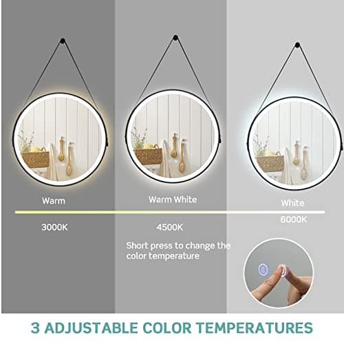 LIFEZEAL Miroir Salle de Bain Rond avec Fonction de Dégivrage, Miroir Cosmétique Mural avec Interrupteur Tactile Intelligent, Miroir Maquillage avec Lumière LED de 3 Couleurs, Diamètre 60CM, Noir