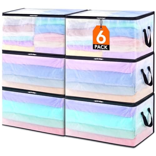 Lifewit Lot de 6 Sac Rangement Vetement Transparent 60L, Sac de Rangement en PP, Boite Rangement Pliable avec Poignées, Housse de Couette pour Demenagement, Vêtements, Couvertures, Jouets