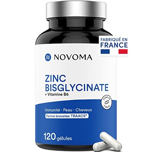 Zinc Bisglycinate 15 mg TRAACS® + Vitamine B6 Bioactive | Haute Absorption & Haute Teneur en Zinc | Complement Alimentaire Immunité & Acné | 120 Gélules | Fabriqué en France | Novoma (ex Nutrivita)