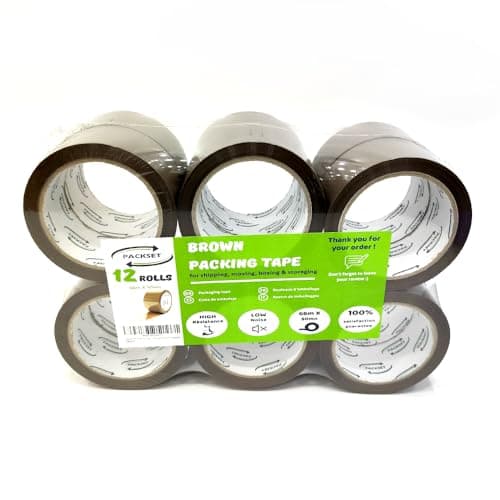 PACKSET Lot De 12 ou 24 Rouleaux Marron De Ruban Adhésif D'Emballage Silencieux, Solide Et Sécurisé 66m x 48mm Pour Boite D'Emballage Et Cartons. Idéal Pour Colis Et Cartons ... (12)