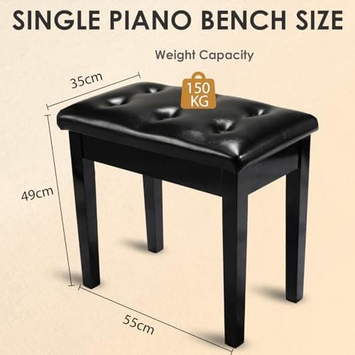 Tabouret de Piano, Siege Piano 55x35x49CM, Chaise Piano avec Espace de Rangement, Pieds en Bois Massif, Banc Piano avec Coussin en Cuir PU de 4CM d'épaisseur, Tabouret Piano Charge Maximale 150KG,Noir