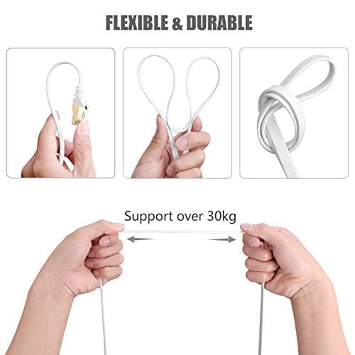 BUSOHE Câble Ethernet Cat 8 5M, Câble Réseau LAN Gigabit RJ45 Plat Haute Vitesse, Cordon de Brassage Internet 40Gbps 2000MHz pour Commutateur,Routeur,Modem,Panneau de Brassage,PC (Blanc)