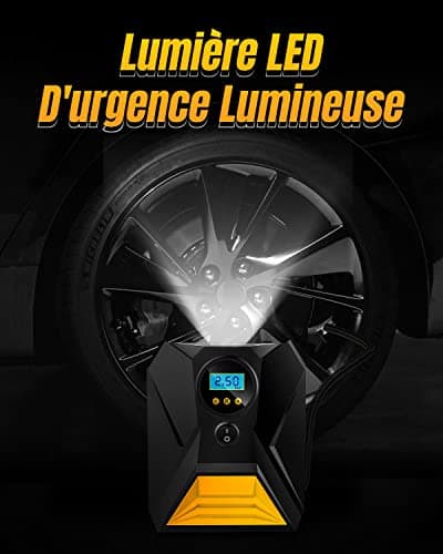 Gemokrt Gonfleur Pneus Voiture, 12V Compresseur À Air Portatif avec Fonction Mémoire, 3 Adaptateurs de Buses, Gonflage Rapide Compresseur pour Vélo