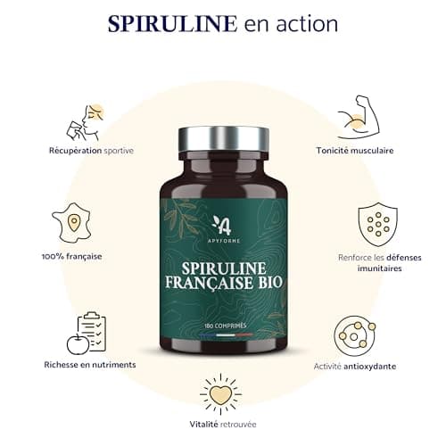 Apyforme - Spiruline BIO Française - Haute Concentration Jusqu'à 25% de Phycocyanine - Culture Paysanne Écoresponsable - 180 Comprimés Super Protéinés - Origine France