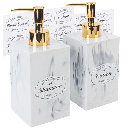 Dispenseurs de Luxe Fini Marbre - 500ml, Lot de 2 avec Pompes Dorées & Étiquettes Étanches - Idéal pour Comptoir, Douche, Rangement de Shampoing, Savon, Lotion - Blanc