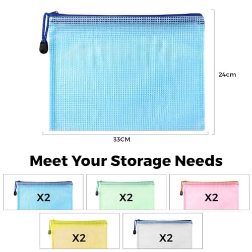 Pochette Document Zippée A4,Pochette Zippée 5 Couleurs PVC Transparentes Document Dossier,Pochette Fermeture,Mesh Zipper Pouch pour Voyage,pour Bureau,Voyage, Fournitures(10Pcs)