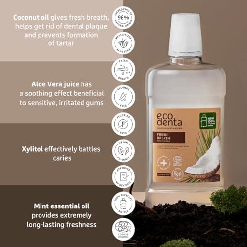 Ecodenta Bain de Bouche Antibactérien - Bain de Bouche sans Fluor - Bain de Bouche à la Noix de Coco Certifié Bio Sans Alcool Lutte Contre la Mauvaise Haleine 500 ml