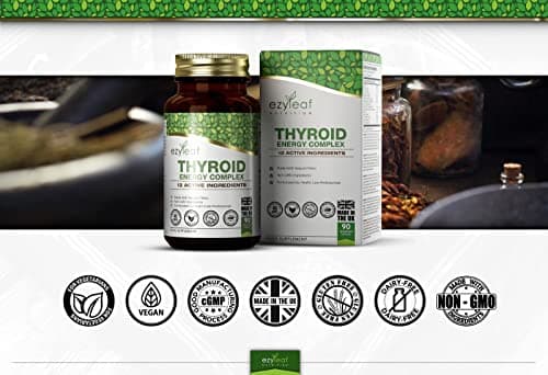Ezyleaf Complexe Thyroïdien | Supplement Soutien Thyroïdien L Tyrosine Ashwagandha Phenylalanine Iode Zinc Varech Mousse de mer Iodure de Potassium Guggul Selenium | 90 Capsules | Certifié ISO au UK
