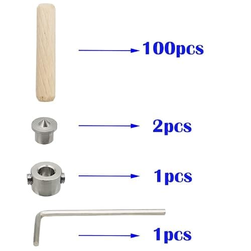 Cheville en Bois, CESFONJER 6mm Assortiment de Tourillon Bois, 100 pcs Tourillon Bois, 2 pcs Pointe de Centrage et 1 pcs Butée de Profondeur, pour Artisanat, Bricolage, Travail du Bois