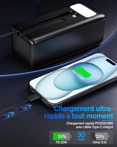 Power Bank de 50000 mAh avec câble intégré : Batterie Externe de Charge Rapide de 22,5 W avec Grande capacité, Chargeur Portable avec Lampe de Poche LED et 7 Sorties et 3 entrées-Noir with