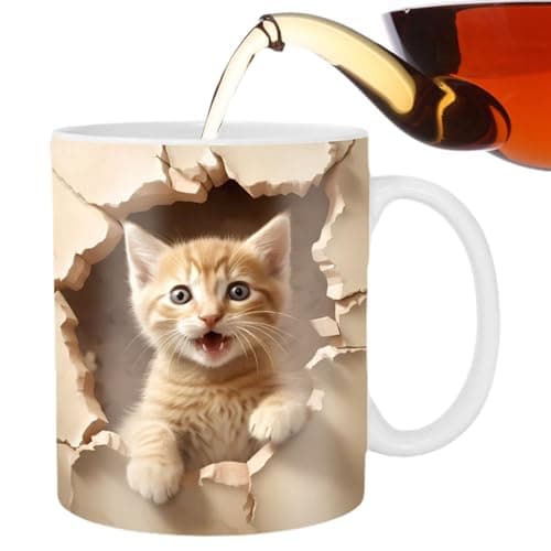 Povanjer Tasses À Café pour Chat,Tasse À Thé en Céramique pour Chat Effet 3D -Tasse De Voyage Chat Mignon Accessoire De Bureau Drôle Et Créatif pour Eau Chaude Eau Froide Café Lait