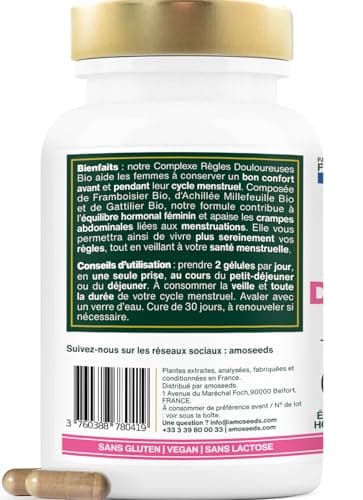 Règles Douloureuses BIO | Apaise les Douleurs Menstruelles | Avant et Pendant les règles | Framboisier, Gattilier, Achillée Millefeuille | 60 gélules de 490mg | Fabriqué en France | Qualité Supérieure